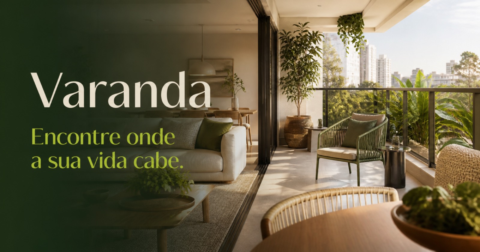 Varanda com plantas, luz natural e vista urbana